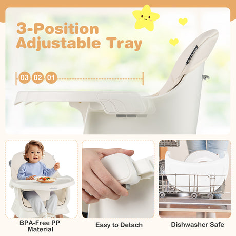 3-position adjustable tray with baby high chair, BPA-free material, easy detachment, and dishwasher safe features.