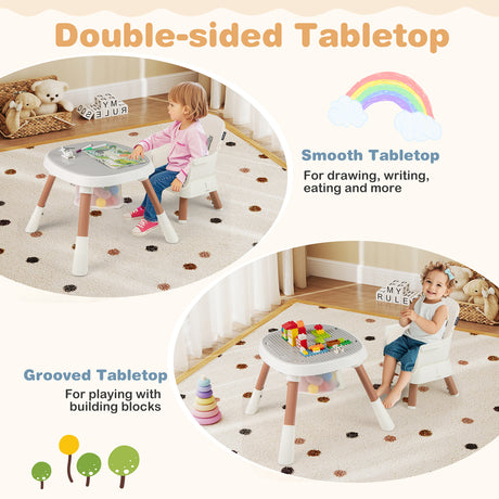 Children playing at a double-sided table with smooth and grooved tabletops.