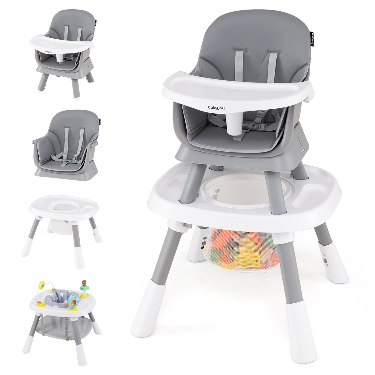 Multi-functional high chair with attached accessories on a white background