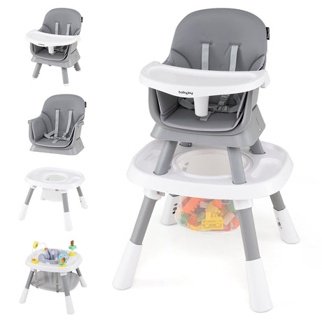 Multi-functional high chair with attached accessories on a white background