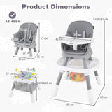 Baby high chair with dimensions labeled on a white background