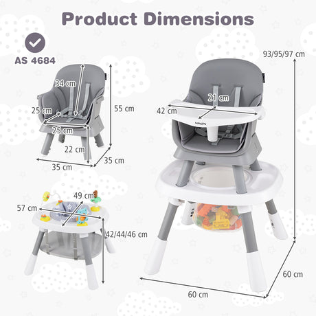 Baby high chair with dimensions labeled on a white background