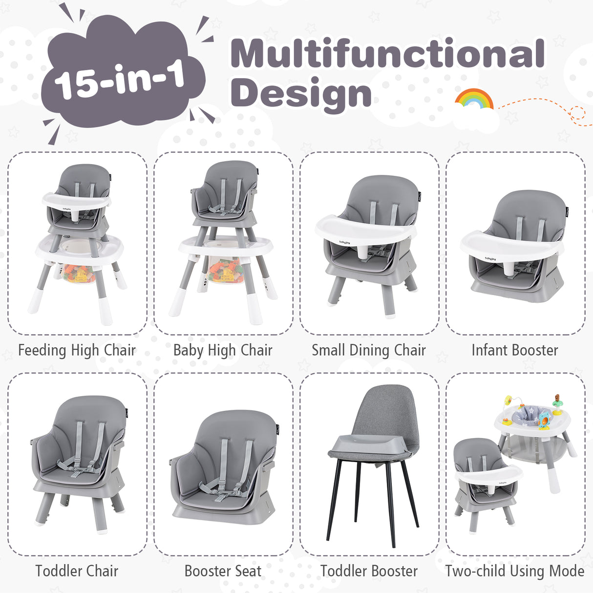 15-in-1 Convertible Baby High Chair, Multifunctional Kids Table & Chair Set