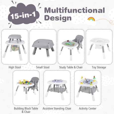 Multifunctional children's furniture set with various uses on a white background