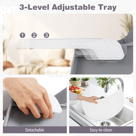 3-level adjustable tray with detachable and easy-to-clean features, shown in use over a sink.