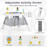 Adjustable activity center for kids with height and length options, featuring toys and measurements.