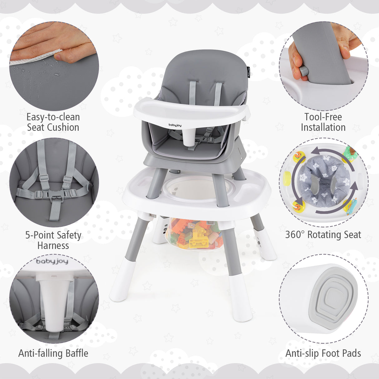 Baby high chair with features highlighted on a gray background