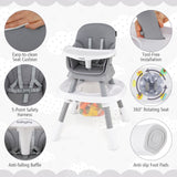 Baby high chair with features highlighted on a gray background