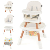 Multi-functional baby high chair and play table with various attachments on a white background