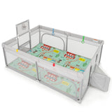 204 × 147 cm Large Baby Playpen, Baby Playard with Basketball Hoop, Soccer Gates, Pull Rings, Zippered Doors & Ocean Balls