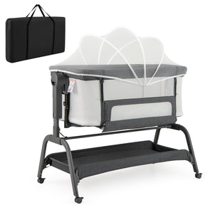 Gray baby crib with canopy and black carrying case on a white background