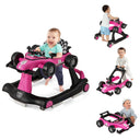 Pink and black baby walker with multiple views on a white background