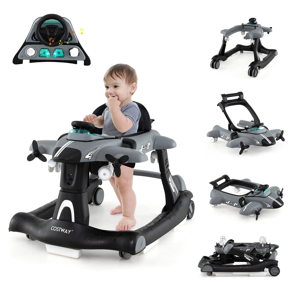 6-in-1 Baby Walker, Foldable Push Walker with Adjustable Height & Speed, Padded Seat