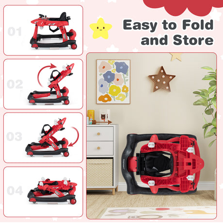 6-in-1 Baby Walker, Foldable Push Walker with Adjustable Height & Speed, Padded Seat