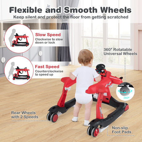 6-in-1 Baby Walker, Foldable Push Walker with Adjustable Height & Speed, Padded Seat