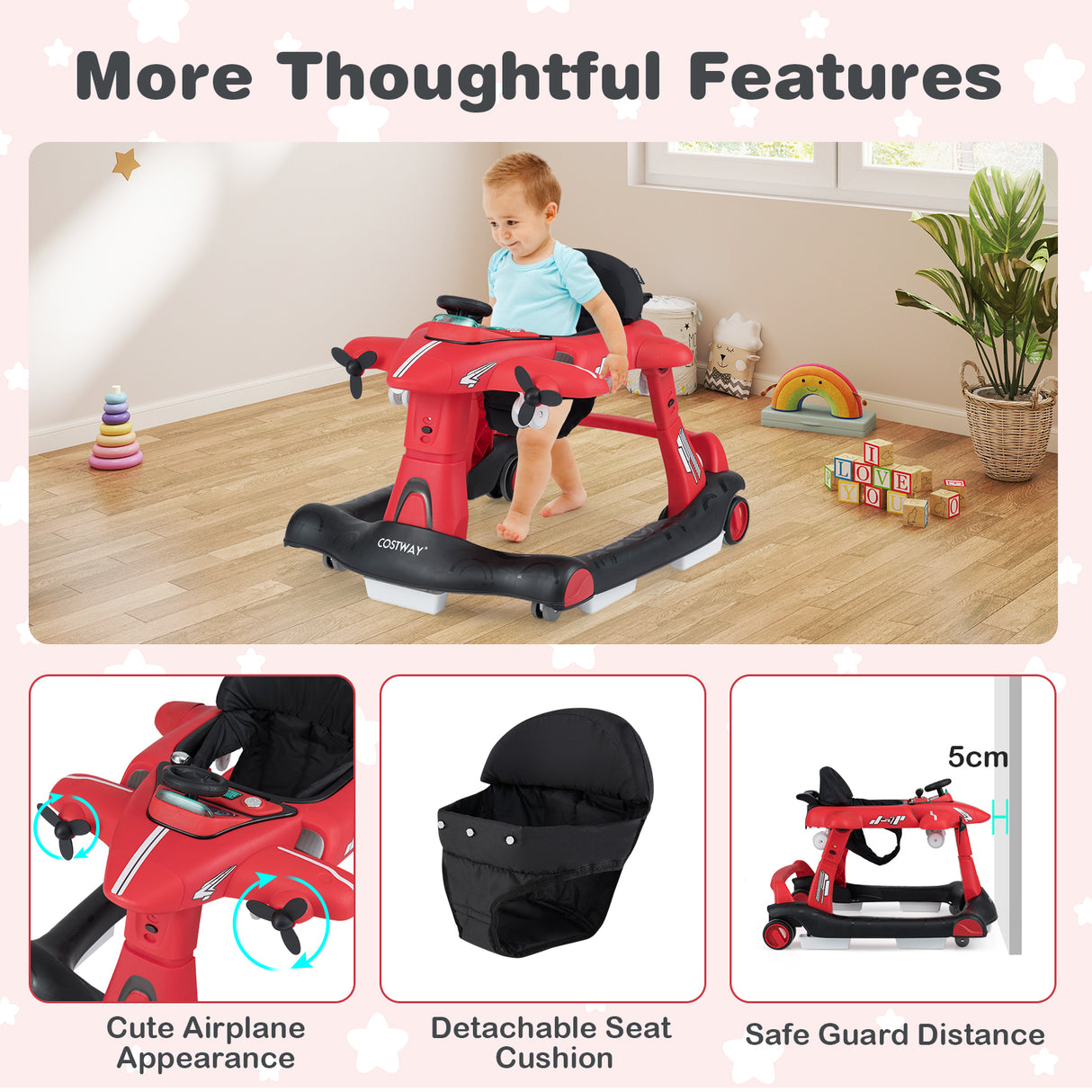 6-in-1 Baby Walker, Foldable Push Walker with Adjustable Height & Speed, Padded Seat