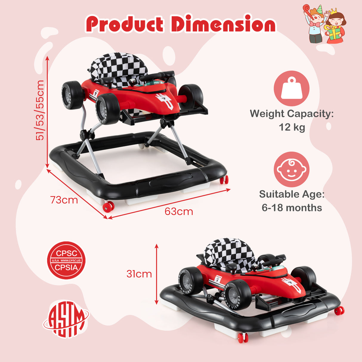 4-in-1 Baby Push Walker, Activity Center w/ 3-Level Adjustable Height, Padded Seat Steering Wheel & Music Box