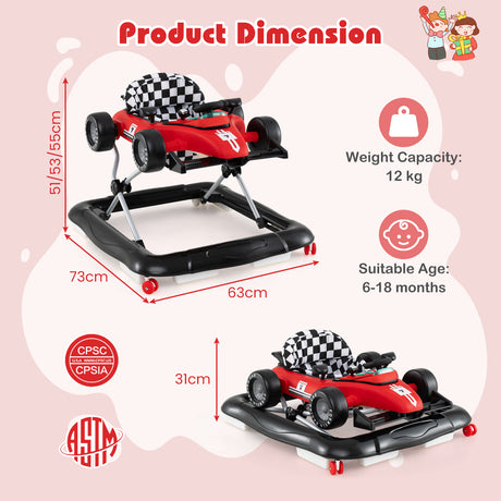 4-in-1 Baby Push Walker, Activity Center w/ 3-Level Adjustable Height, Padded Seat Steering Wheel & Music Box