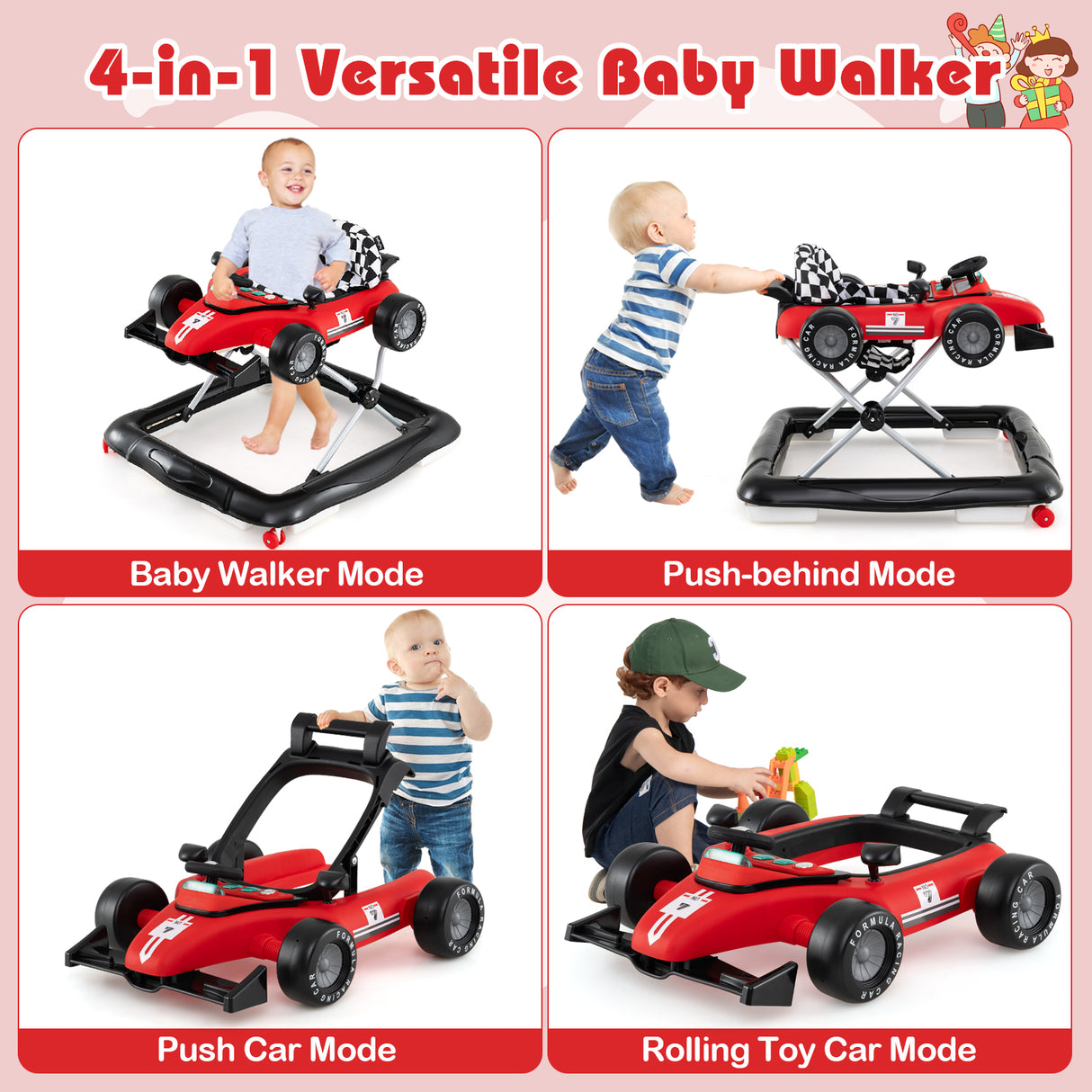 4-in-1 Baby Push Walker, Activity Center w/ 3-Level Adjustable Height, Padded Seat Steering Wheel & Music Box