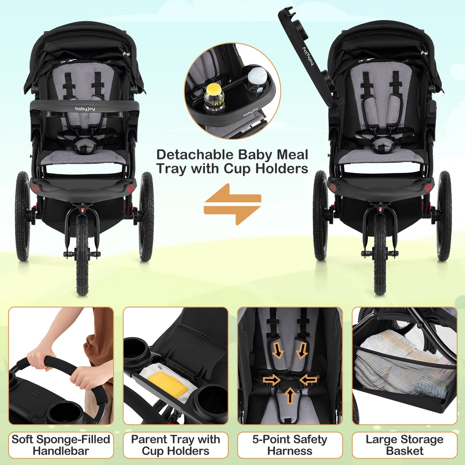 jogging stroller with tray Foldable Jogger with Adjustable Canopy and Detachable Tray – Babyjoy