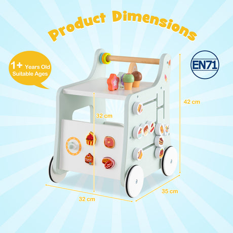 Children's toy walker with dimensions and safety certification on a light blue background