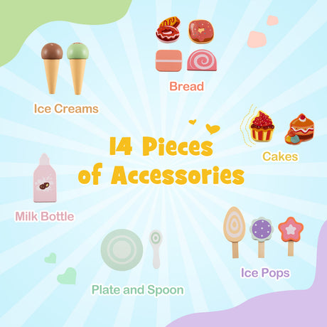 Set of toy accessories including ice creams, bread, cakes, milk bottle, plate and spoon, and ice pops on a colorful background.