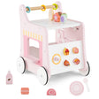 Pink and white toy walker with various educational toys on a white background