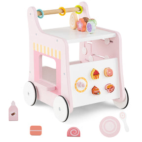 Pink and white toy walker with various educational toys on a white background