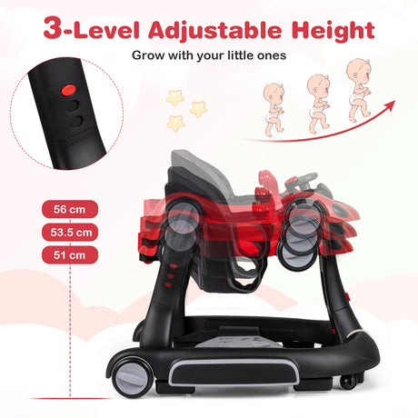 Baby walker with 3-level adjustable height feature and remote control on a white background.