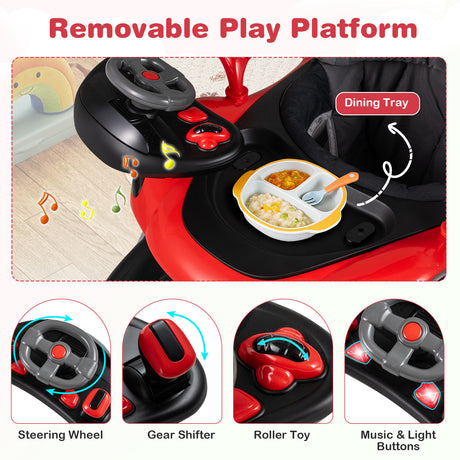 Children's toy with removable play platform, dining tray, and various interactive elements.
