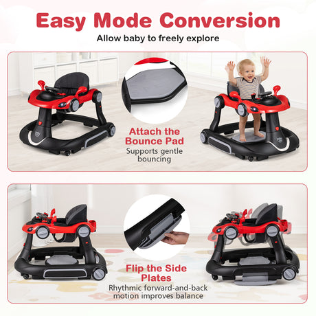 Baby activity center with bounce pad attachment and easy mode conversion features.