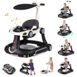 Multi-functional baby walker with various attachments and a child using it.