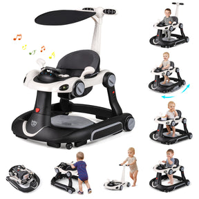 Multi-functional baby walker with various attachments and a child using it.