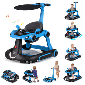 Blue and black baby activity center with multiple views and a child using it.