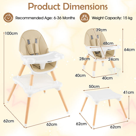 6-in-1 Convertible Table Chair Set, Wooden Infant Seat Feeding Dining Studying Chair for Kids 6-36 Months