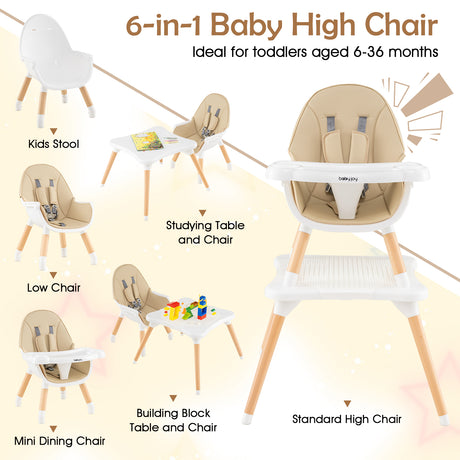 6-in-1 Convertible Table Chair Set, Wooden Infant Seat Feeding Dining Studying Chair for Kids 6-36 Months
