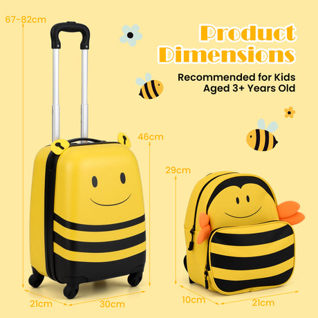 2 PCS Kids Luggage Set on Wheels, 16” Portable Bee Suitcase & 12” Backpack