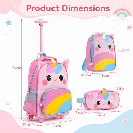 3 Pieces Unicorn Rolling Backpack for Kids