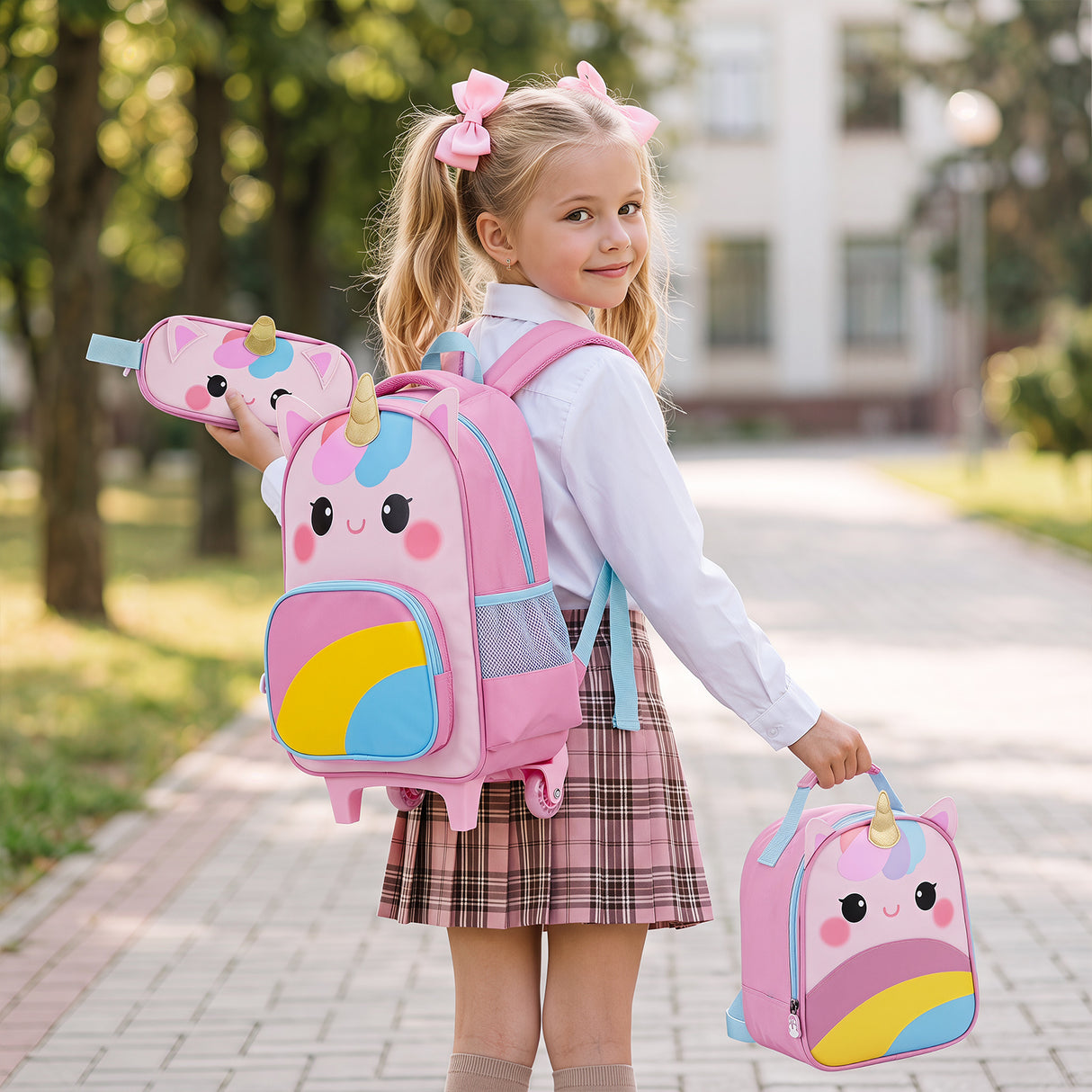 3 Pieces Unicorn Rolling Backpack for Kids