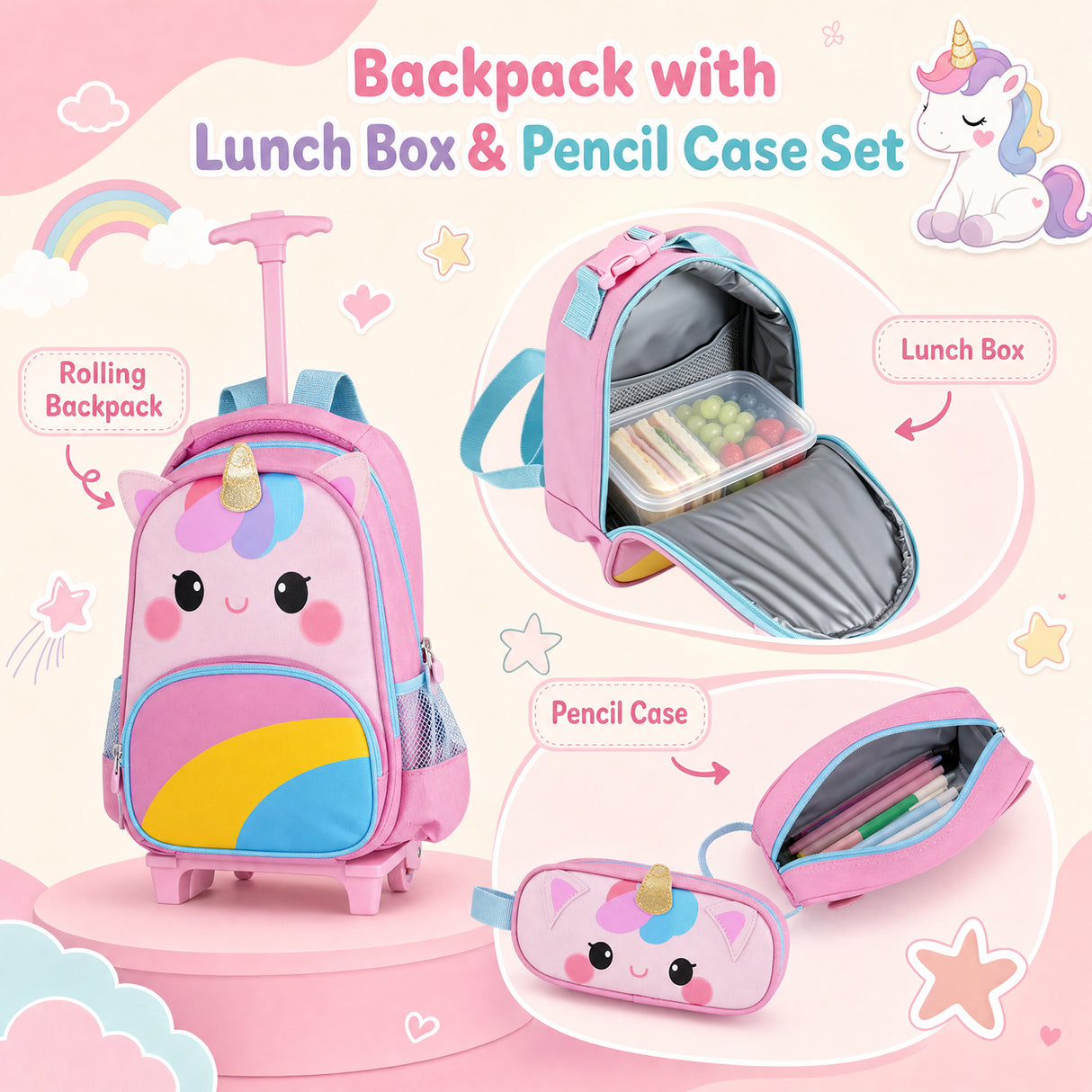 3 Pieces Unicorn Rolling Backpack for Kids