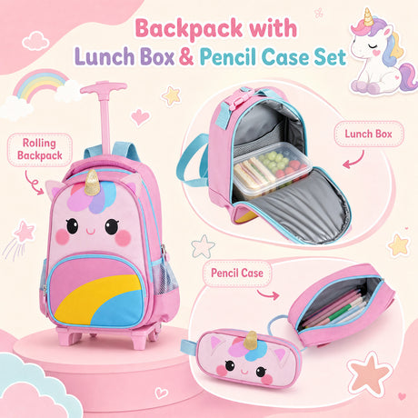 3 Pieces Unicorn Rolling Backpack for Kids
