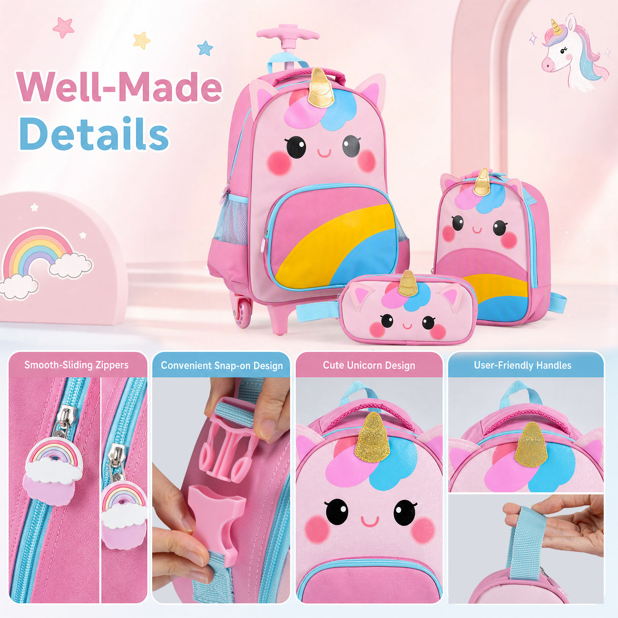 3 Pieces Unicorn Rolling Backpack for Kids