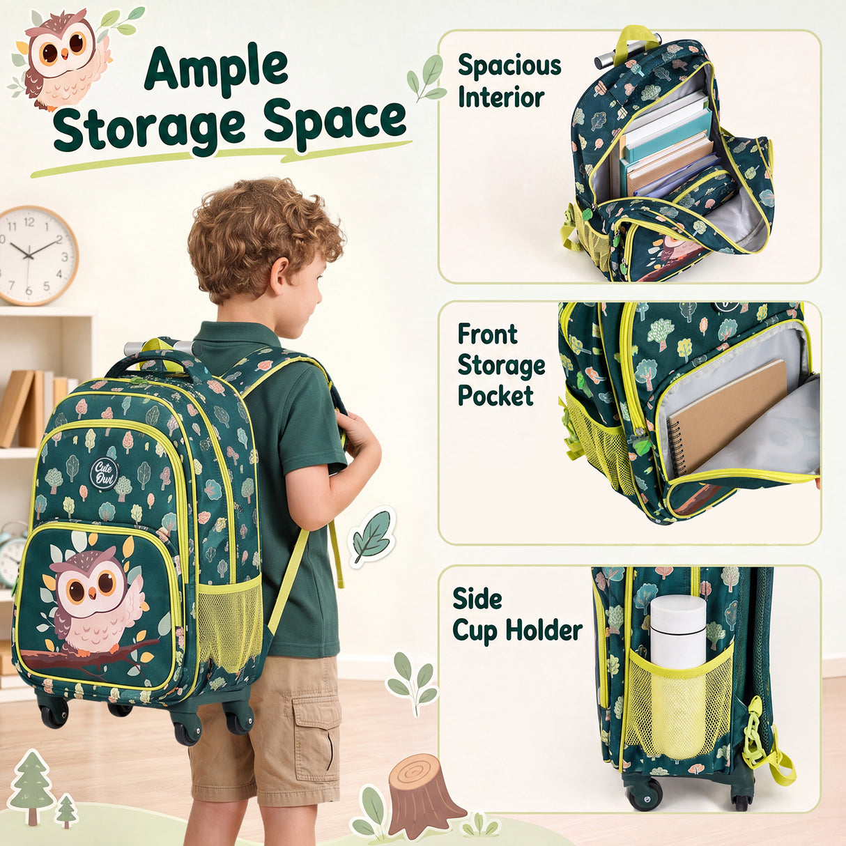 3 Pieces Owl Rolling Backpack for Kids