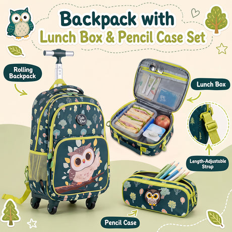 3 Pieces Owl Rolling Backpack for Kids