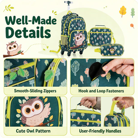 3 Pieces Owl Rolling Backpack for Kids