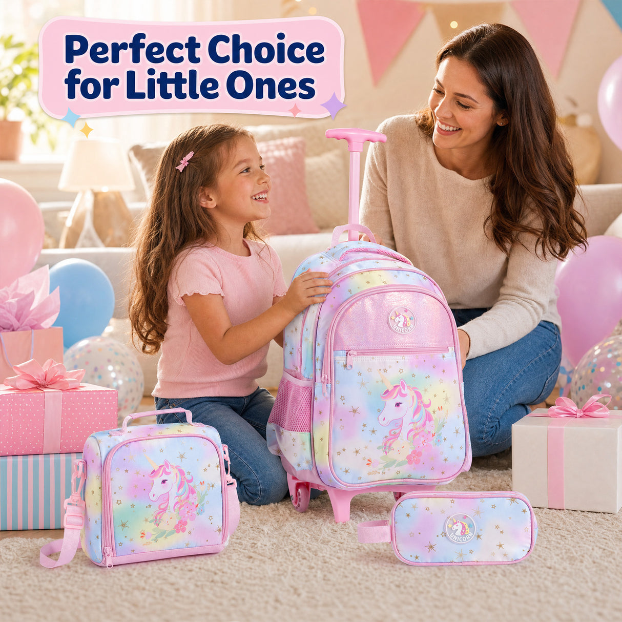 Wheeled Backpack with Lunch Box and Pencil Case, Travel Luggage for Kindergarten, Elementary Preschool Students