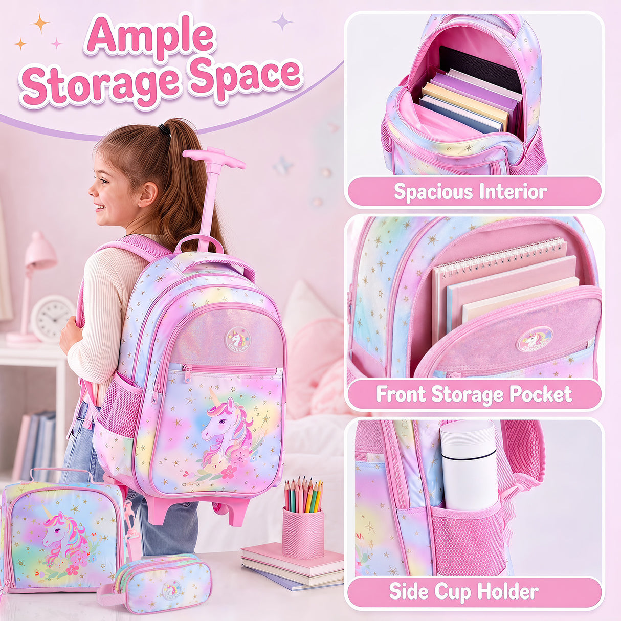 Wheeled Backpack with Lunch Box and Pencil Case, Travel Luggage for Kindergarten, Elementary Preschool Students