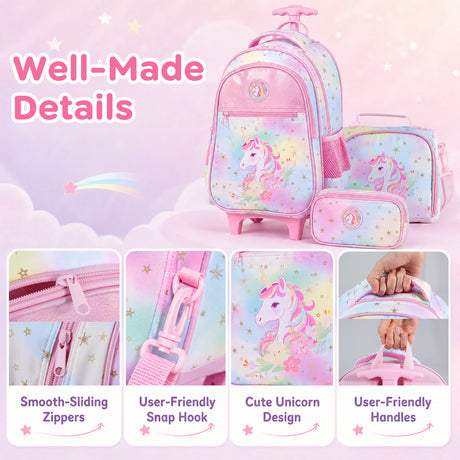 Wheeled Backpack with Lunch Box and Pencil Case, Travel Luggage for Kindergarten, Elementary Preschool Students