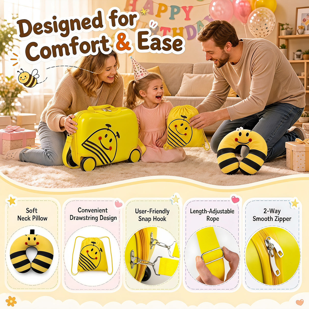40 cm Lightweight Bee Suitcase Set with Rolling Wheels