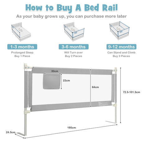 Bed Rail for Toddler, 195cm Vertical Lifting Bed Guardrail w/ Double Safety Lock
